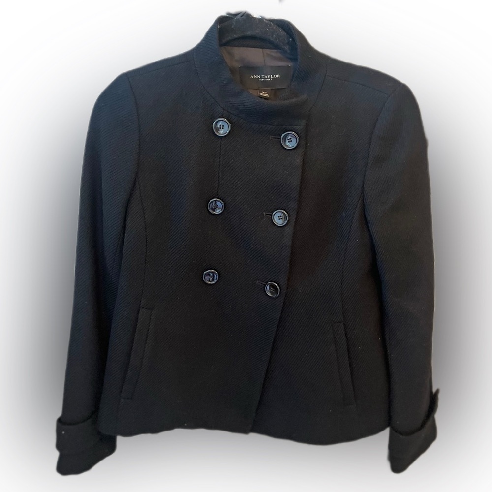 Ann Taylor Double Breasted Jacket Xs Black 100% Wool, Lined